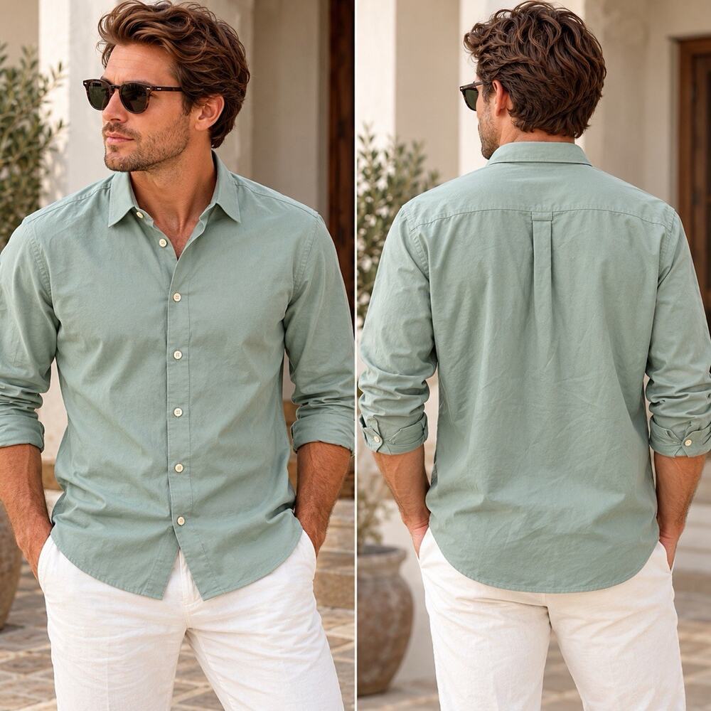 Flying Machine Men's XL Sage Green Cotton Button Down Shirt Coastal Minimalist